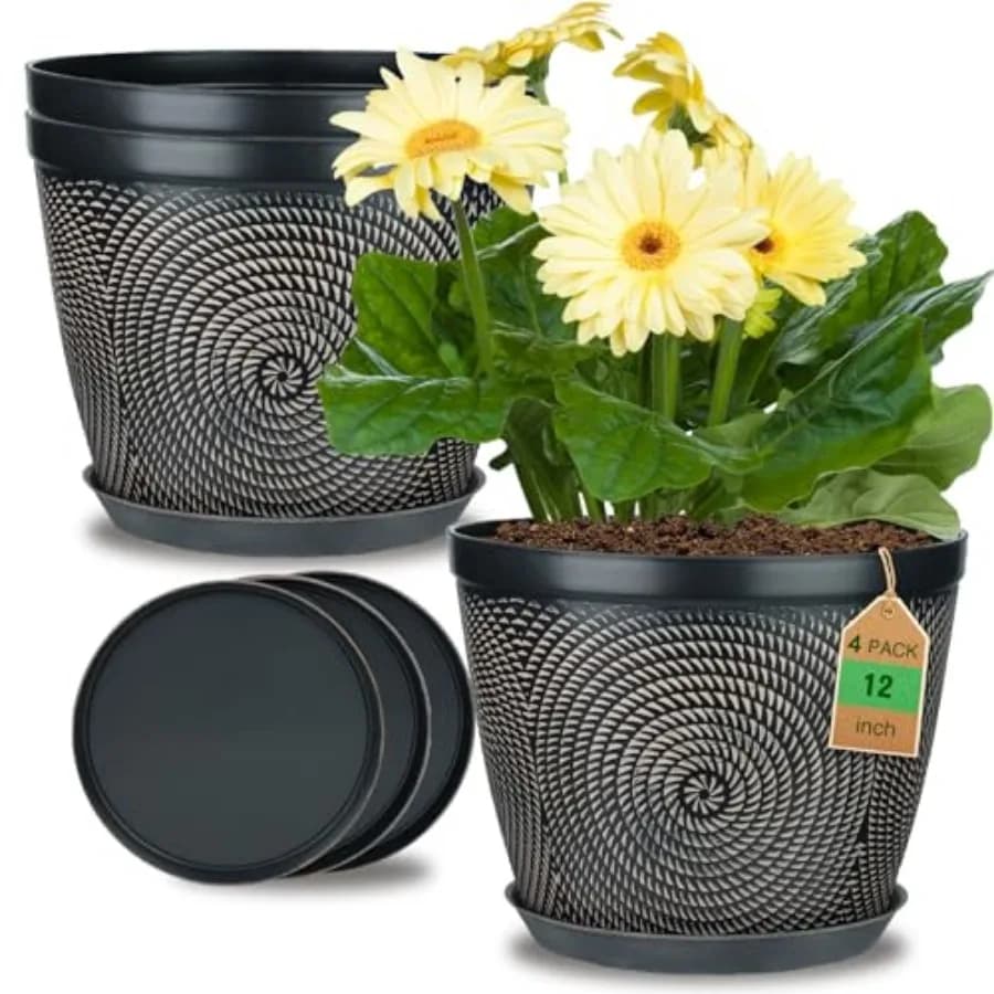 Set di 4 Vasi Grandi da 12 Pollici in Plastica per Piante da Interno ed Esterno con Fori di Drenaggio e Sottovaso con Motivo Circolare