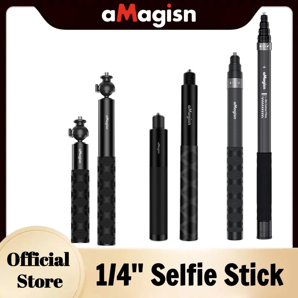 aMagisn Bastone selfie da 1/4 Testa a sfera / Alluminio / Fibra di carbonio Palo telescopico estensibile per Gopro DJI Insta360 X4 X3 Ace Pro 2