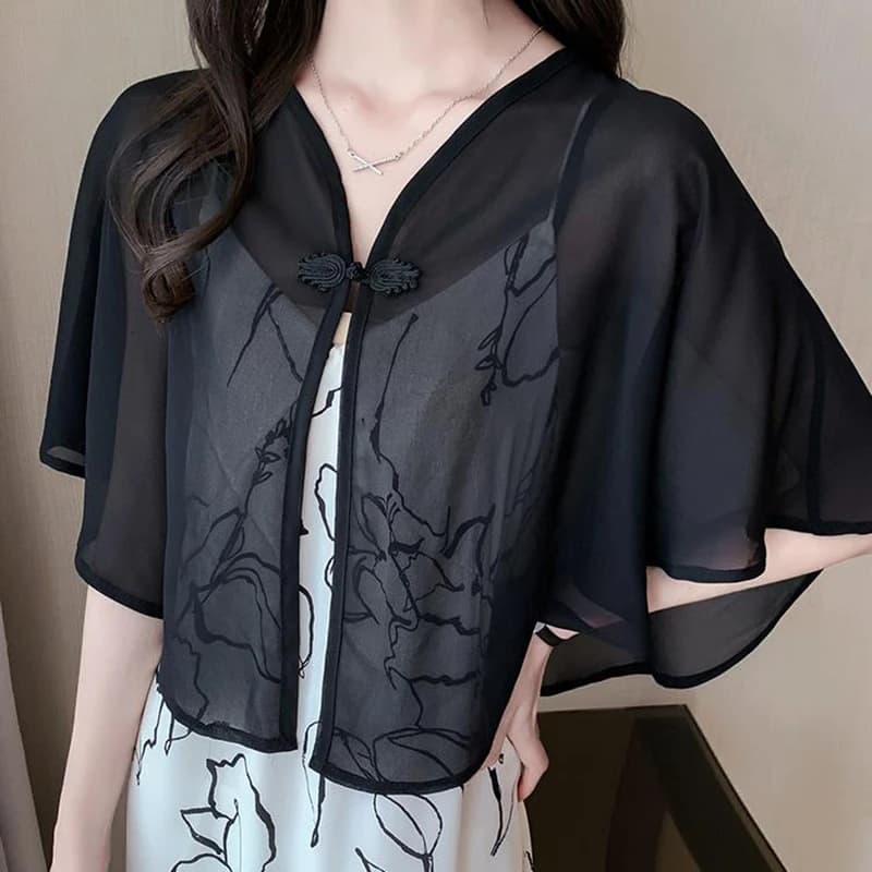 Women's summer coat scarf Chiffon vest loose sun protection shawl dress Cheongsam button blouse shoulder neck fake head T90