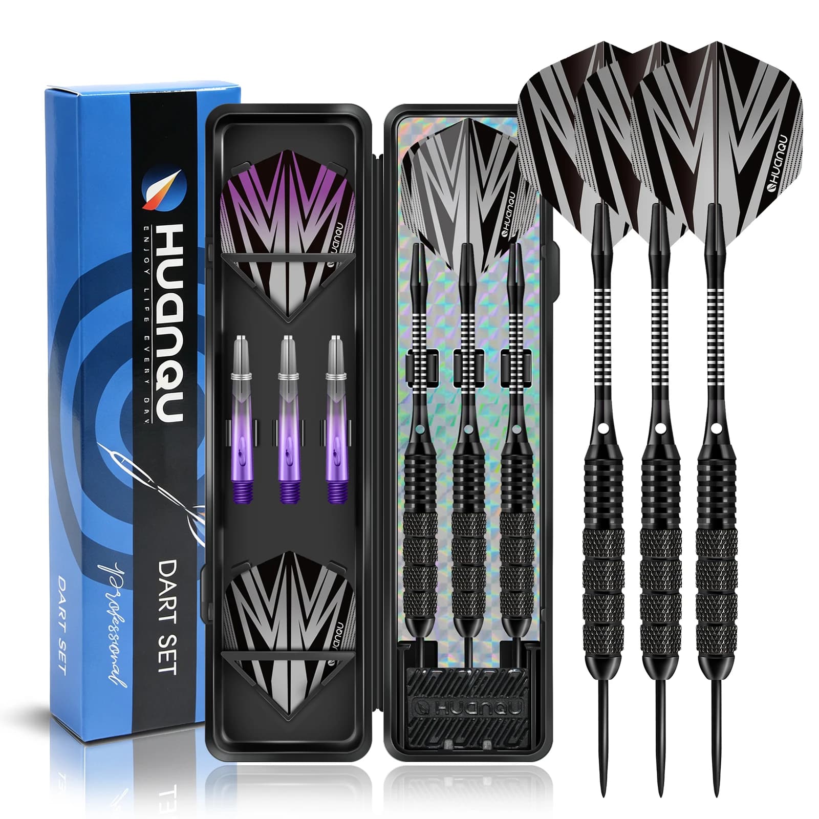 3Pcs 24g Iron Barrel Steel Tip Darts Set Professional Hard Darts with Extra Flights Plastic Shafts Carry Case for Dartboard Game