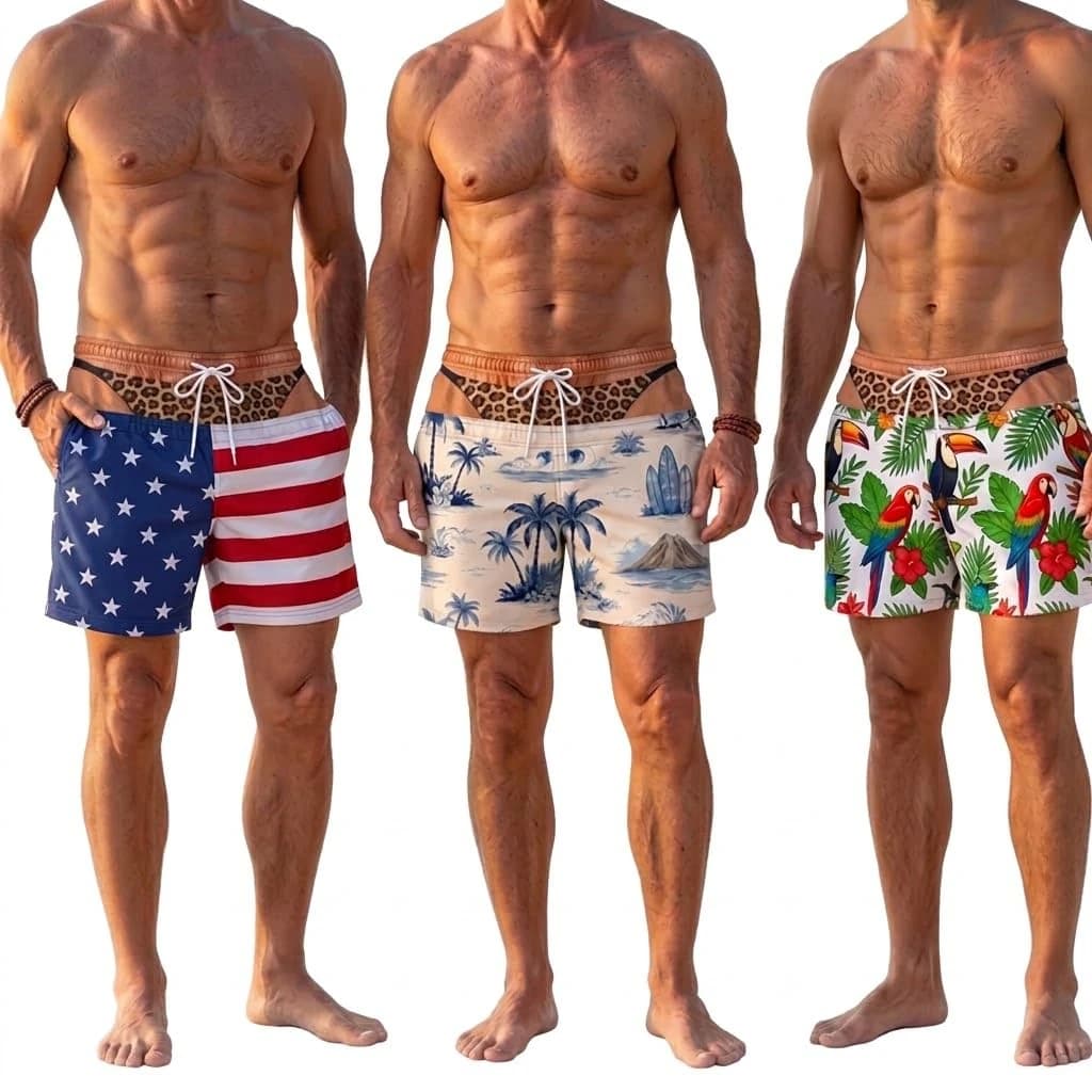 Mens Funny Fake Underwear Swim Trunks 3D Leopard Thong Illusion Board Shorts Novelty Beachwear Birthday Gag Gift for Him