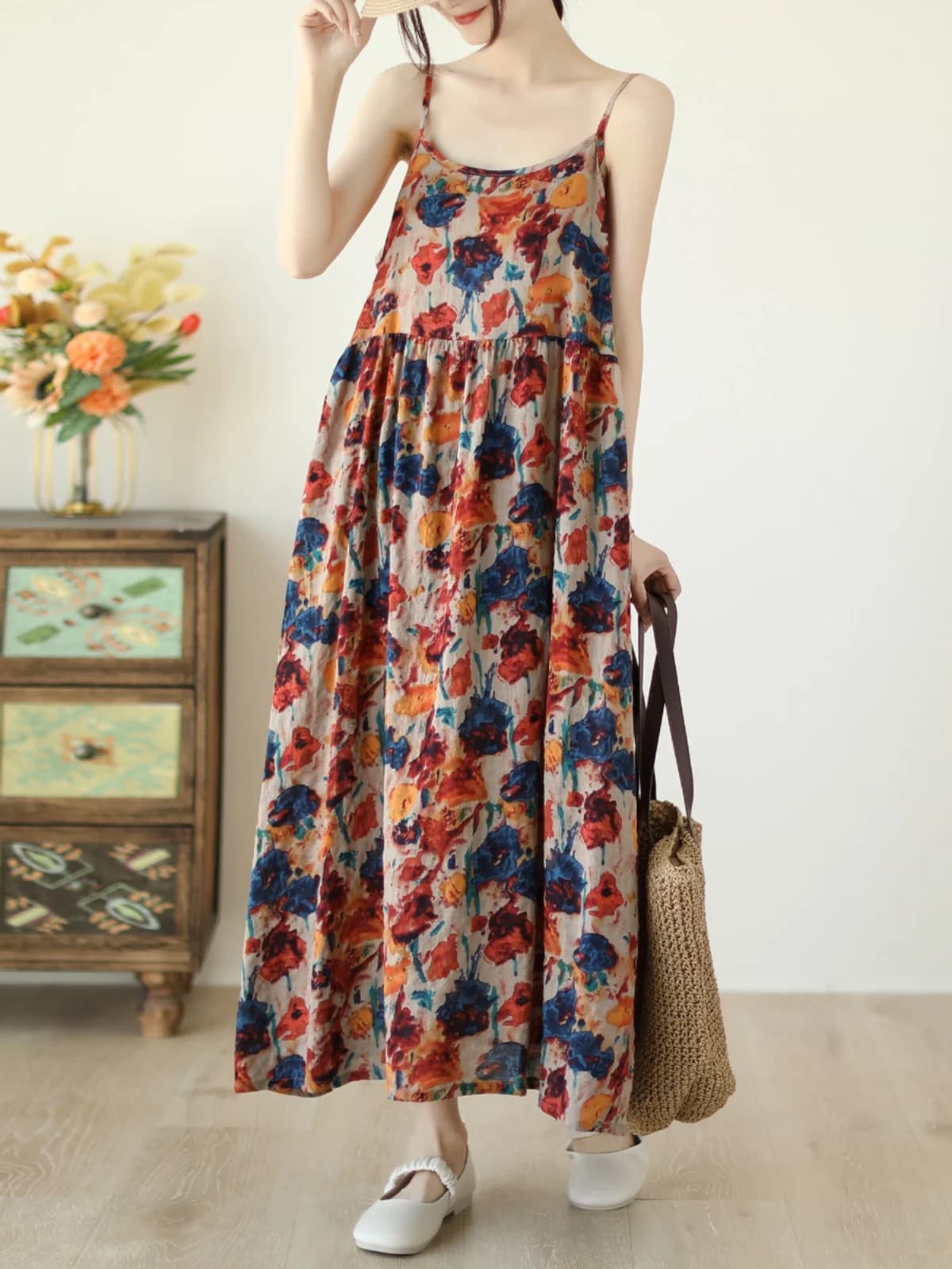 Abito da donna in cotone artistico Lin Dr, ampio, dimagrante, con stampa, senza spalline, a-line, estivo, vintage, gonna lunga, abito casual