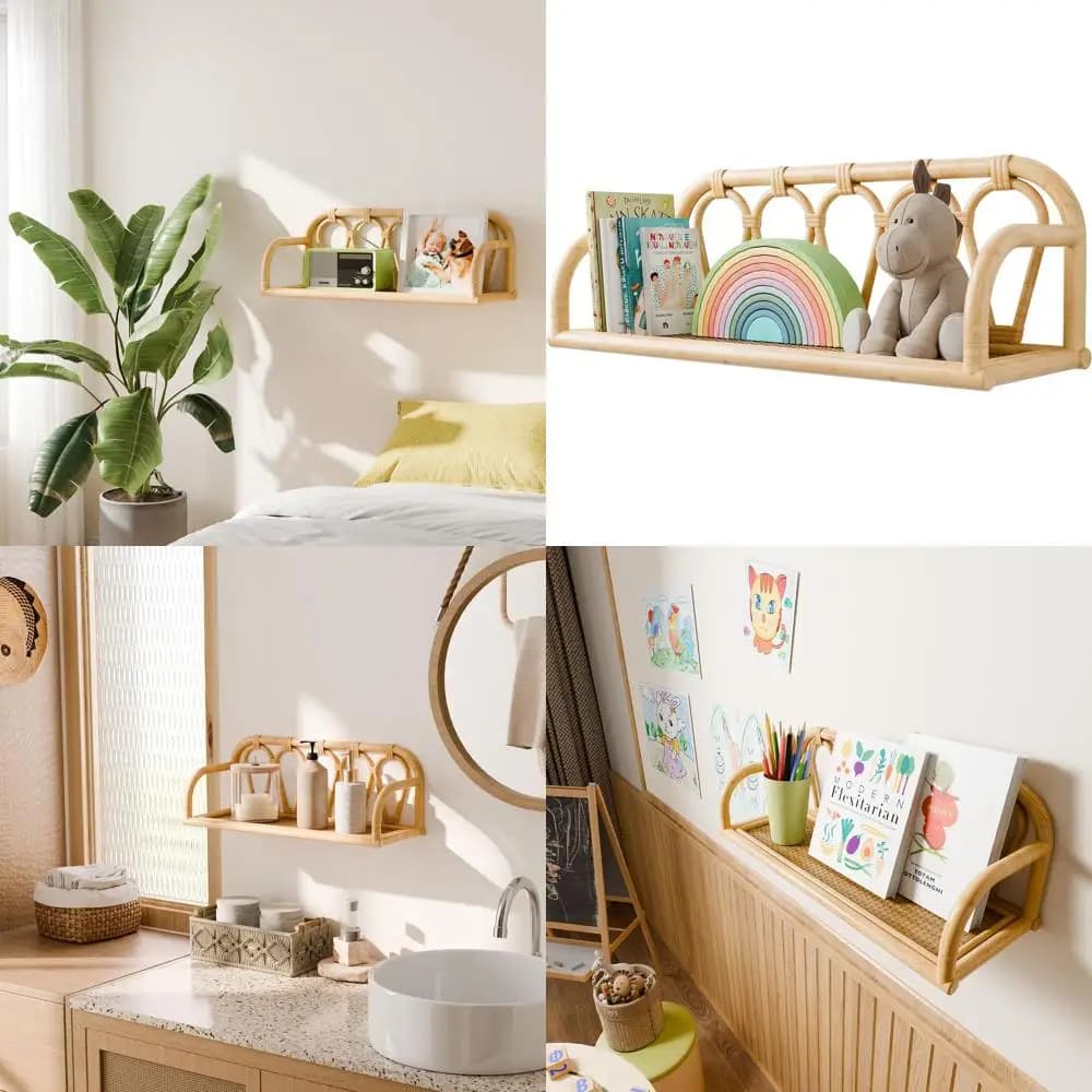 Mensola da Parete in Rattan Naturale - Decorazione Boho in Vimini, Organizzatore per Cameretta e Ufficio, Portafoto, Scaffale Galleggiante per Casa e Bambini