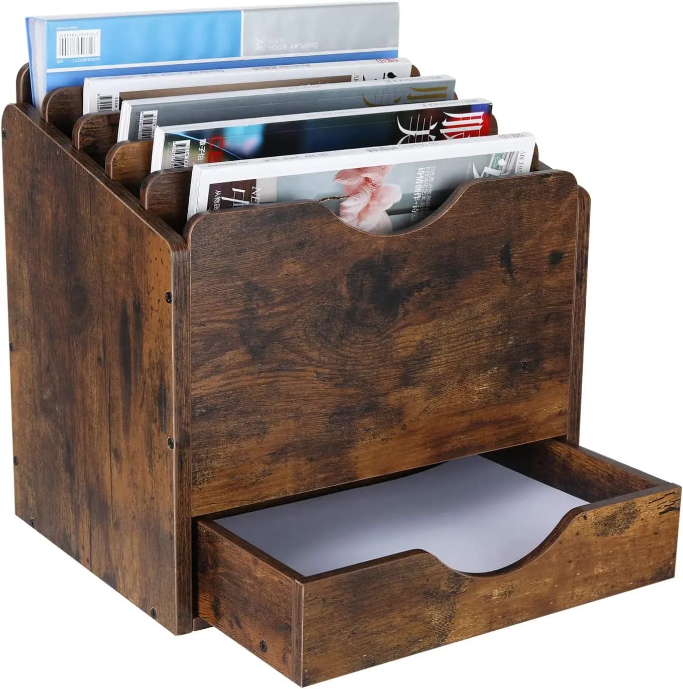 Organizzatore da Scrivania in Legno con Cassetto, 6 Scomparti per Cartelle, Posta, Riviste in Marrone Antico