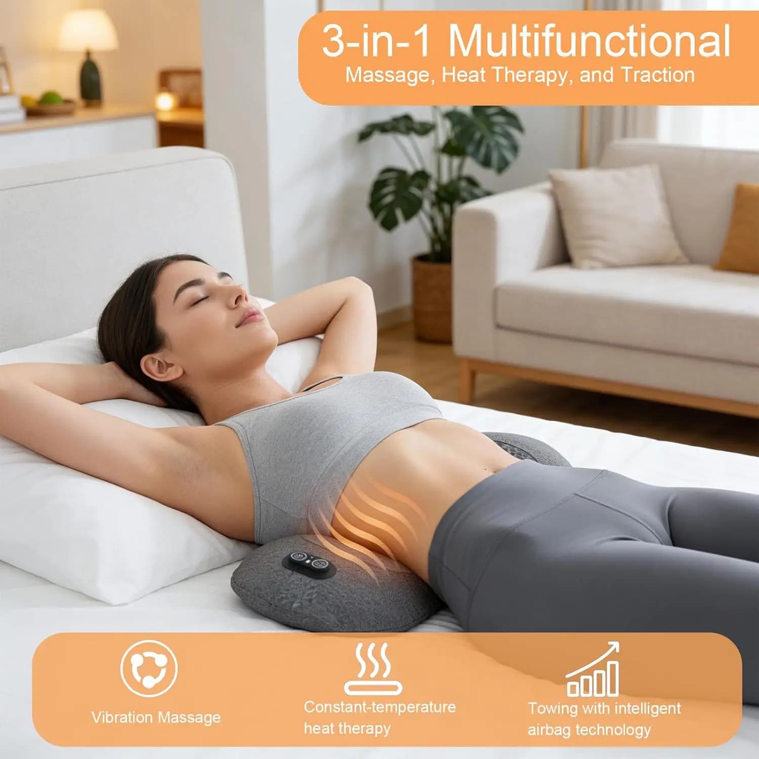 Massaggiatore lombare 3-in-1 con funzione riscaldante/vibrante/trazione regolabile, cuscino lombare in memory foam adattabile
