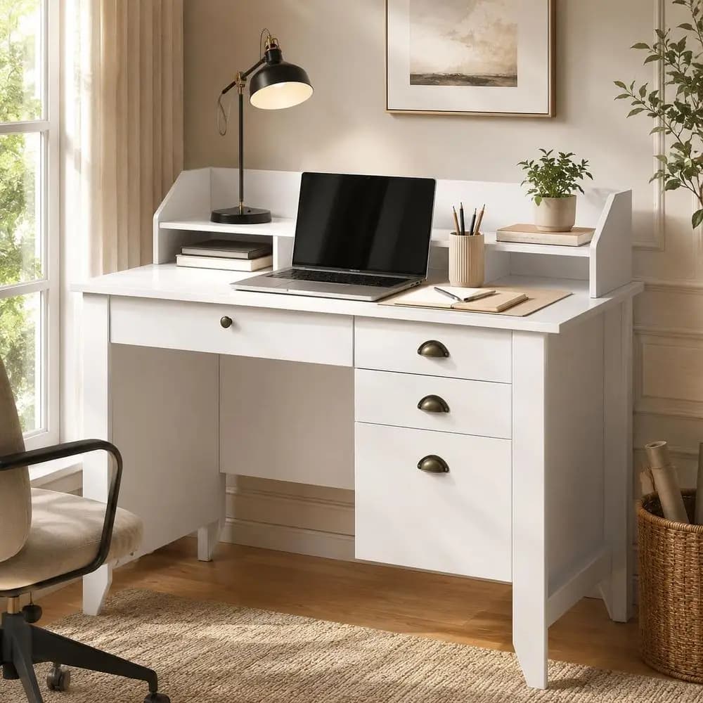 47 Compact Desk for Small Spaces, White Wooden Computer Desk with Monitor Stand for Home Office or Bedroom