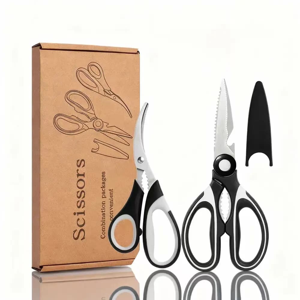 2 Pcs Multi Function Kitchen Scissors Set - Stainless Steel Chicken Bone Cutter Fish Scissors + Bottle Opener Non-slip Handle
