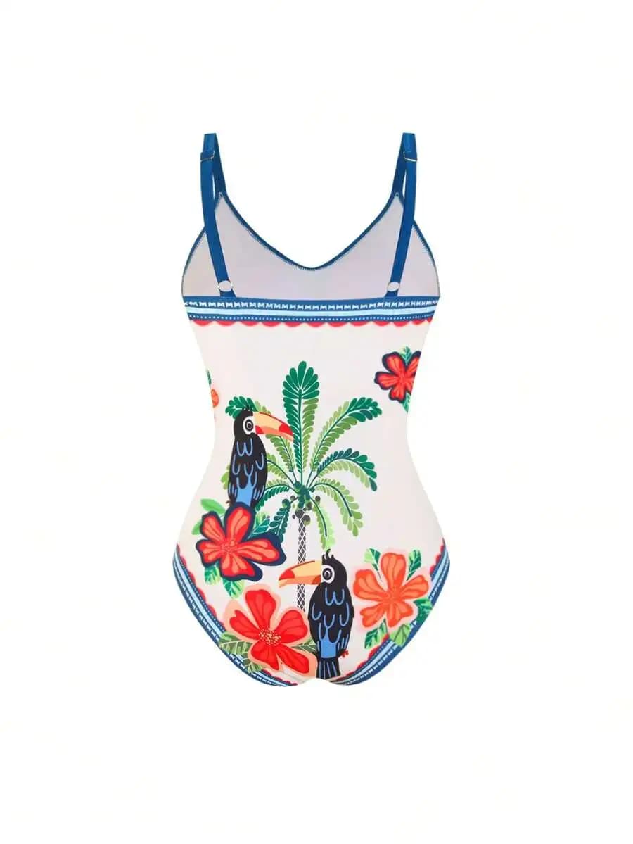 Womens V-Neck Toucan Print Fitted One Piece Swimsuit With Mesh Trim