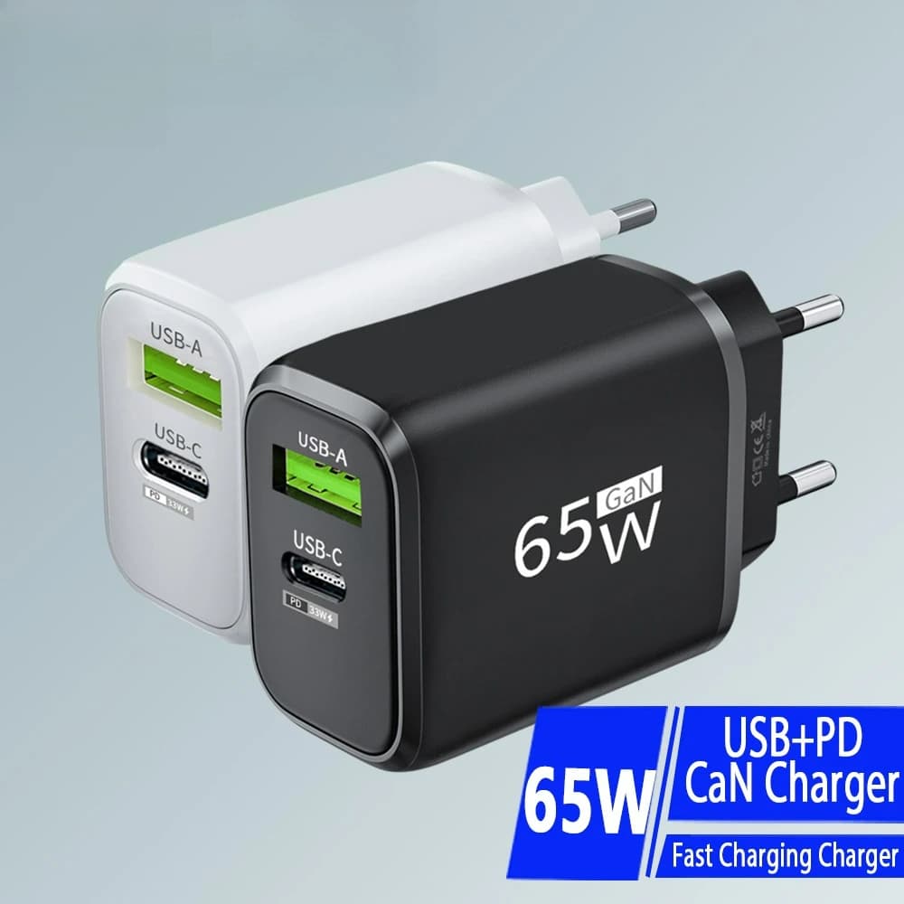 Caricatore GaN da 65W a 2 porte USB Type-C, ricarica rapida per cellulari, adattatore di ricarica QC3.0, caricatore rapido per Samsung, Xiaomi, spina da viaggio