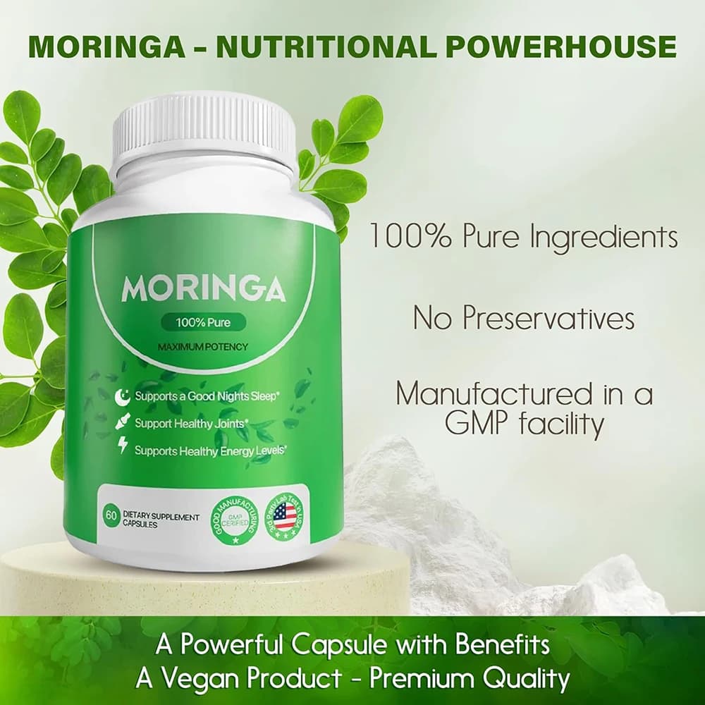 Capsule di Moringa, Polvere Pura di Moringa, Integratore Superfood Verde, Supporta un Buon Sonno Notturno, Articolazioni e Livelli di Energia, 60 Capsule
