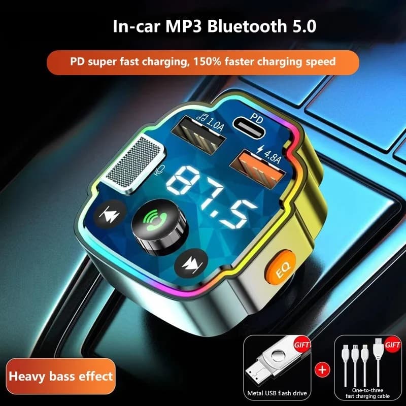 Trasmettitore FM Bluetooth per Auto con Lettore MP3, Audio HD Lossless, Doppia Porta USB, Lettore Schede SD e Chiamate in Vivavoce per Tutte le Auto