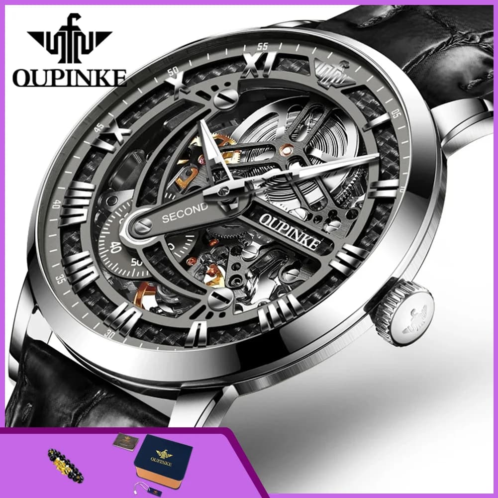 OUPINKE 3173 Men's Automatic mechanical watches with Genuine Leather Strap, Original Luxury Brand, Maschile Dust Clock for Business