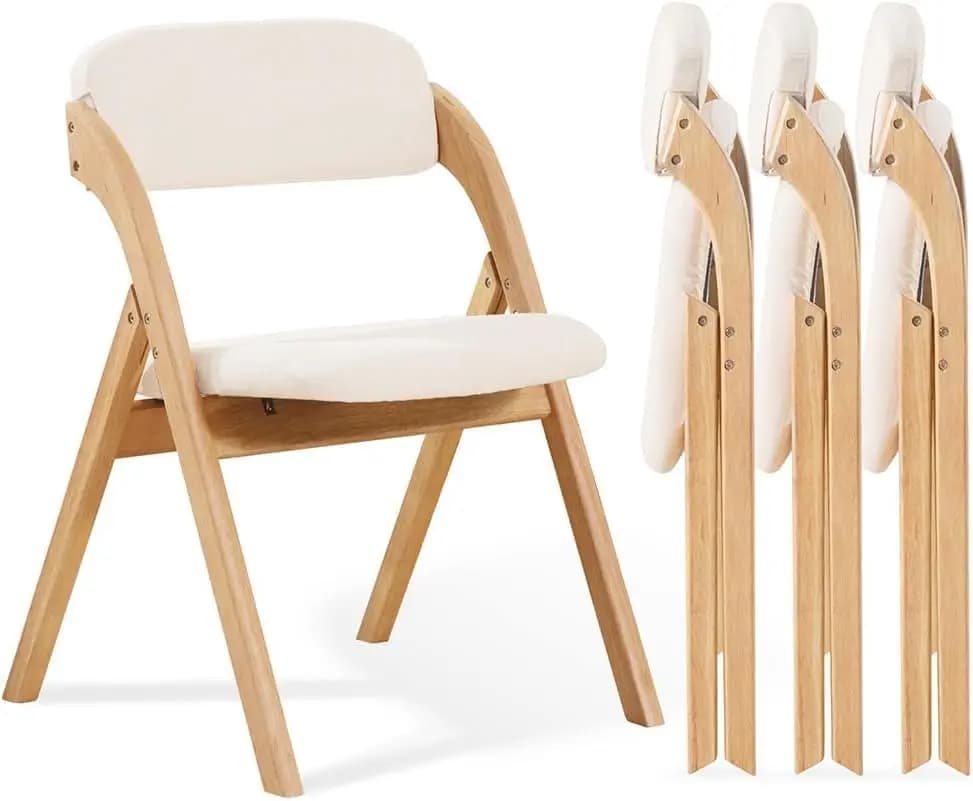 Set di 4 Sedie Pieghevoli Imbottite, Cuscino in Lino e Struttura in Legno, per Sala da Pranzo, Matrimoni, Ufficio, Interni ed Esterni, Beige, Personalizzabile