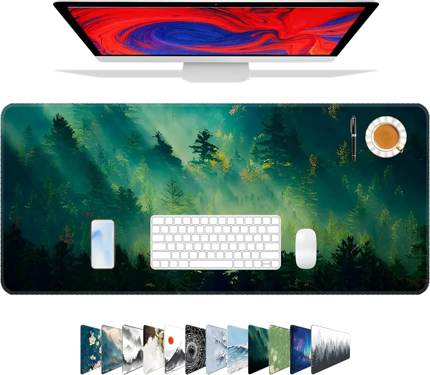 Tappetino per mouse da gaming grande con bordi cuciti, superficie lavabile per ufficio e computer, design Green Forest (31,5x11,8 pollici)