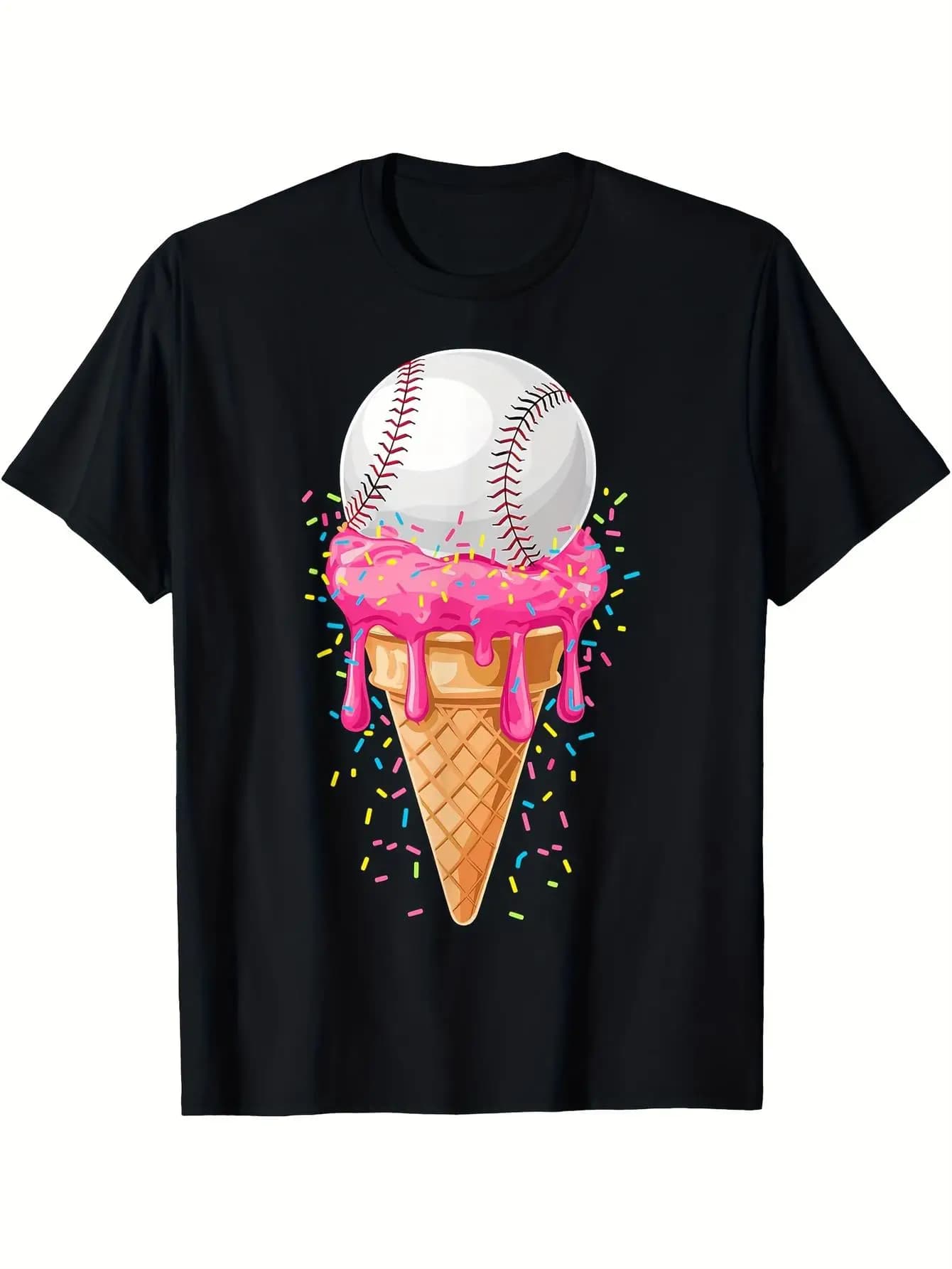 Funny Men's Black Graphic T-Shirt Baseball Ice Cream Cone Pink Melting Frosting Rainbow Sprinkles Summer Dessert Sports Graphic 100% Cotton Heavyweight Short Sleeve Casual Streetwear Tee