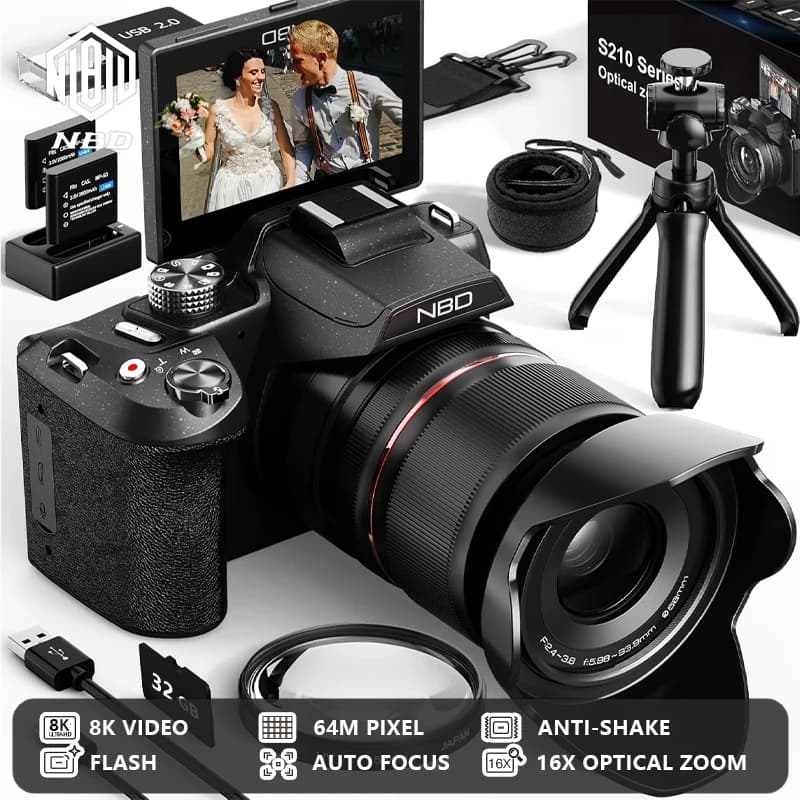 Fotocamera Digitale NBD S210F 8K 64MP con Zoom Ottico 16X, Autofocus, Schermo Ribaltabile, Ideale per Vlogging, Viaggi e YouTube