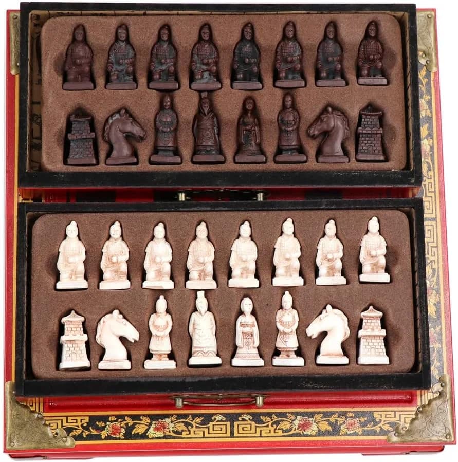 Set di scacchi Ireav retrò in terracotta Warriors per bambini e adulti Gioco da tavolo classico per famiglie con scacchiera pieghevole in legno in resina 3D
