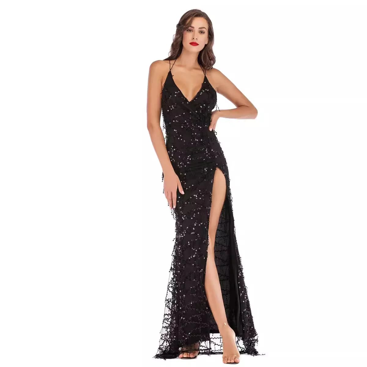 MsChuh Sexy Dress For Women Black Gold Sequins Luxury Long Dress Elegant V Neck Night Club Bodycon Party Sundress Maxi Vestidos