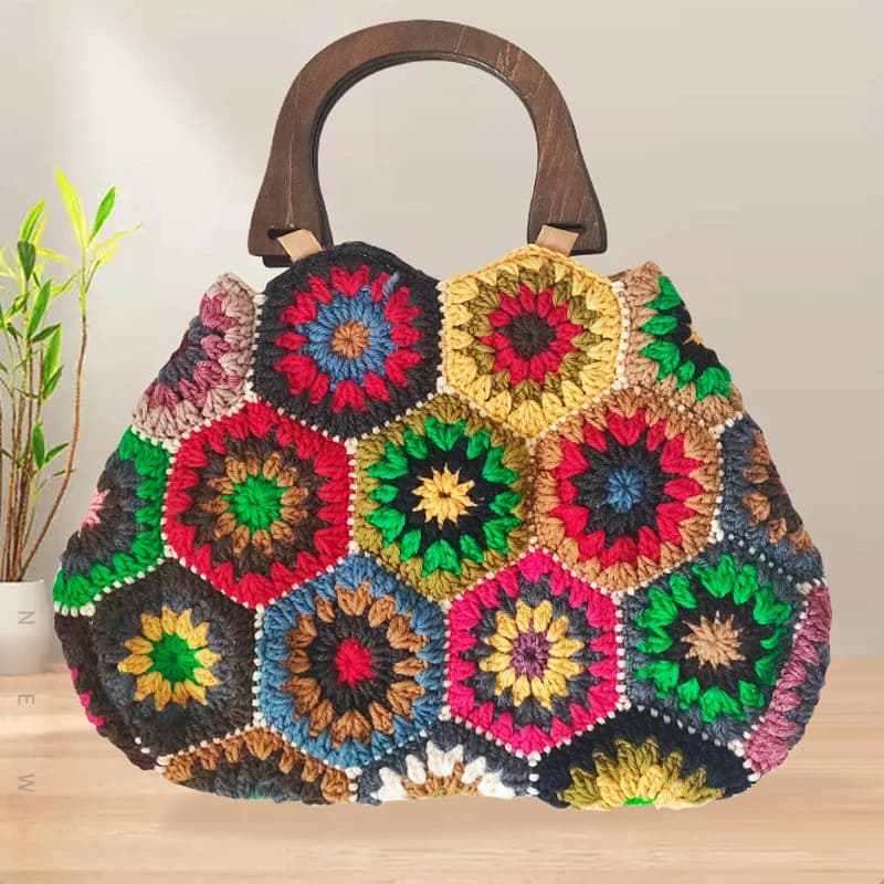 Bohemian Granny SquareCrochet Women's Handbags knitted vintage wood Handbags large handmade fabric Handbags shopper large 2023