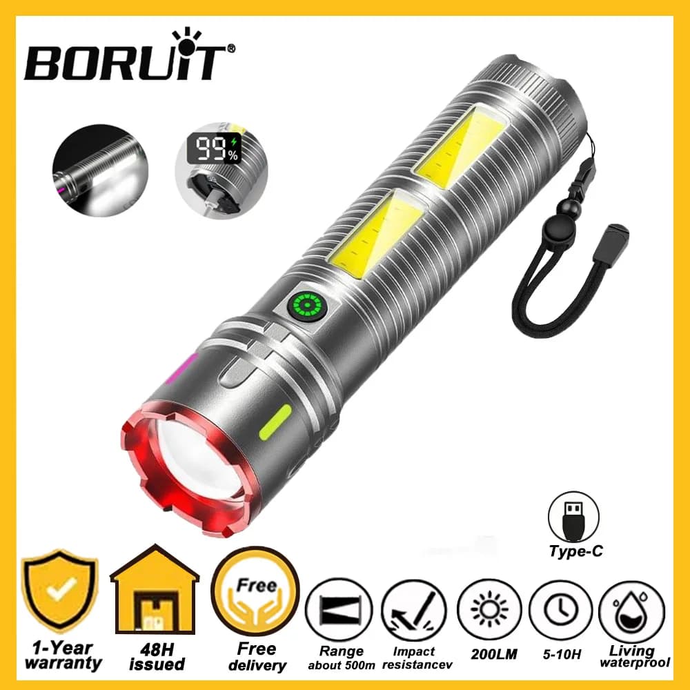 BORUiT Torcia LED 500LM 800M Zoomabile Ricaricabile USB-C con Luce Laterale Display LCD Impermeabile per Campeggio