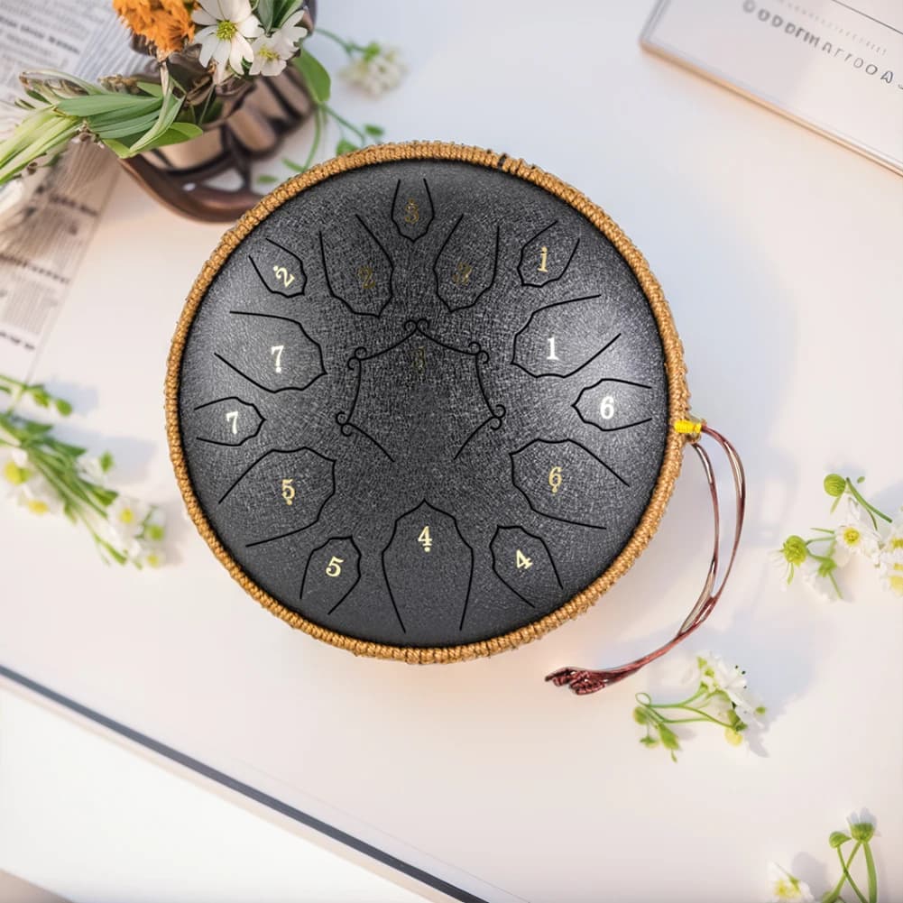 12 inch large ethereal hand drum with 15 notes in King Major, percussion musical instrument with case and wands, for children and beginners