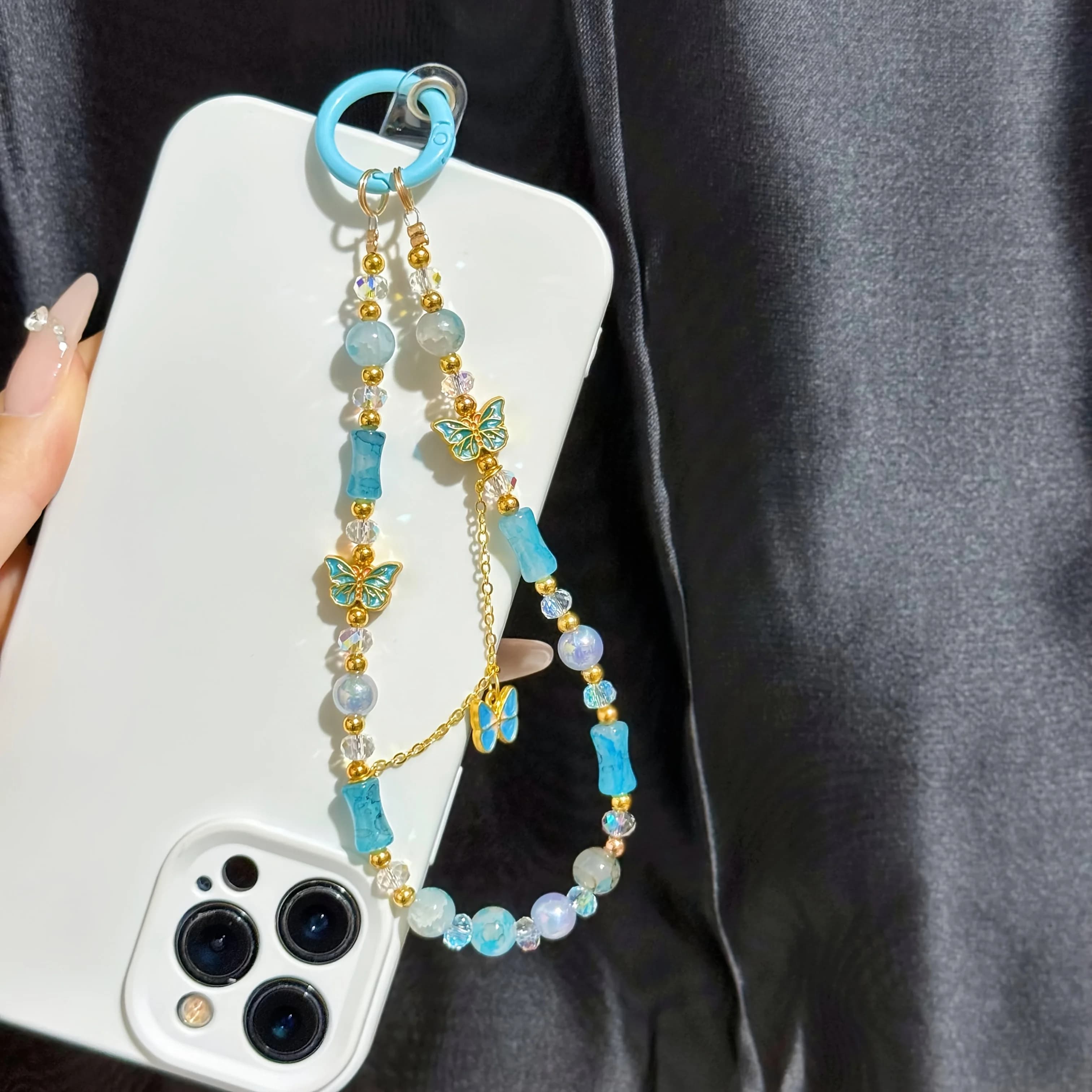 Retro gold butterfly phone chain, ladies lucky blue pendant, alloy short beaded necklace.