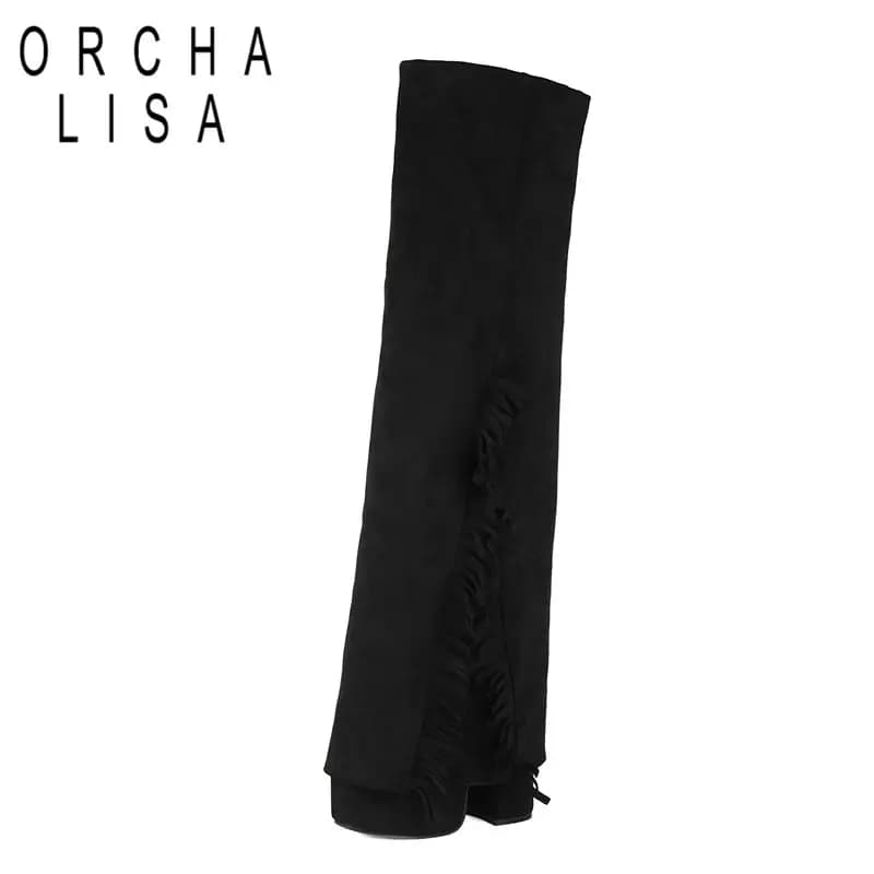 ORCHA LISA 2025 New Design Female Thigh Boots Round Toe Block Heels 14.5cm Platform Hill 5cm Zipper 43 44 45 Fashion Party Bota