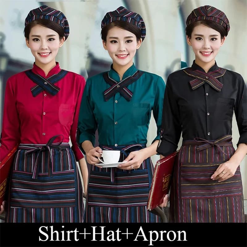 Divisa Estiva da Cameriere/a con Top, Grembiule e Cappello, Manica Corta per Uomo e Donna, Uniforme per Hotel e Ristoranti 89