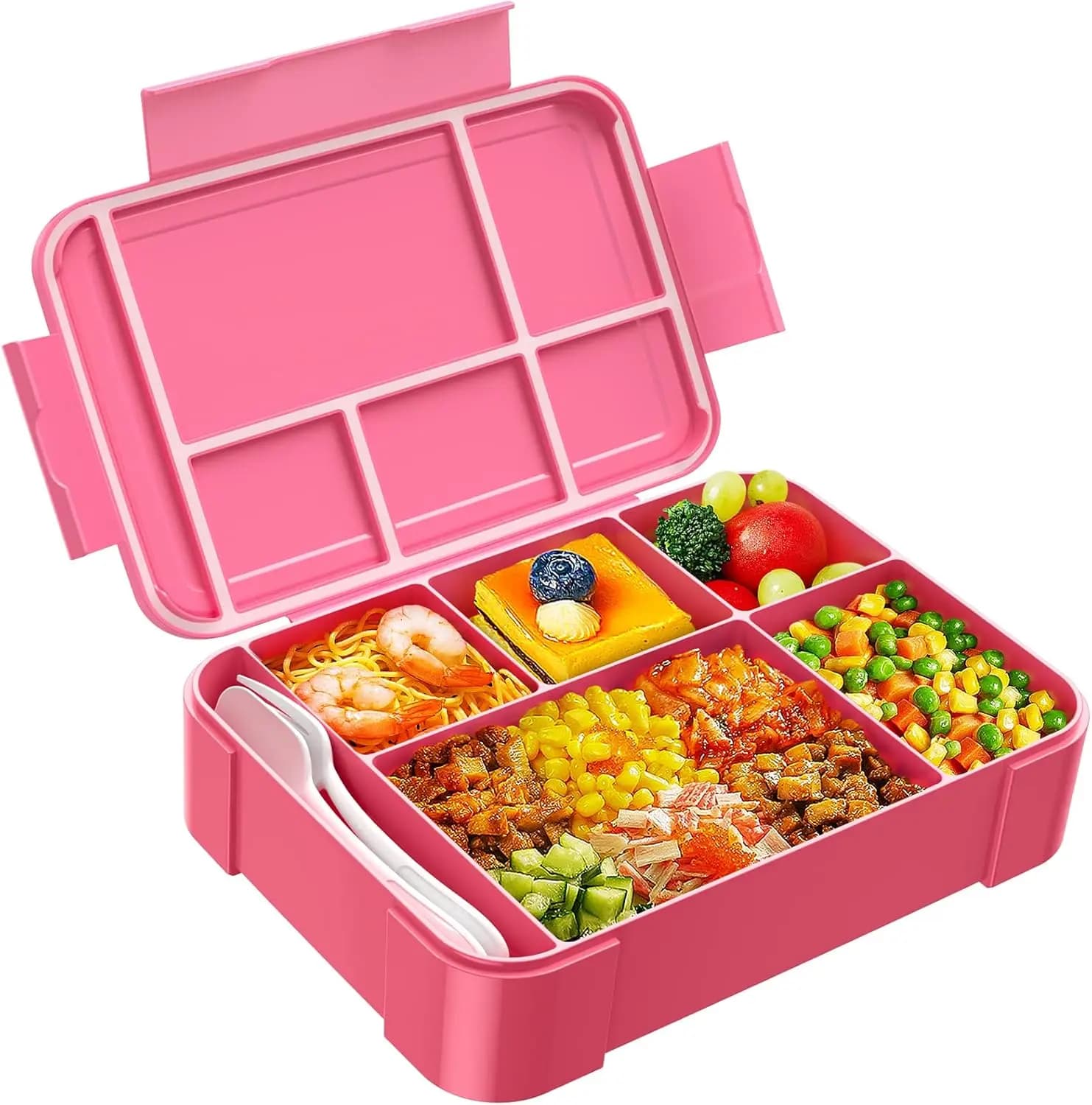 Jelife Porta Pranzo Bento per Bambini - 1450ml, Ermetico, 6 Scomparti, con Utensili, per il Ritorno a Scuola, Contenitori a Forma di Libro per Asilo Nido, Rosa