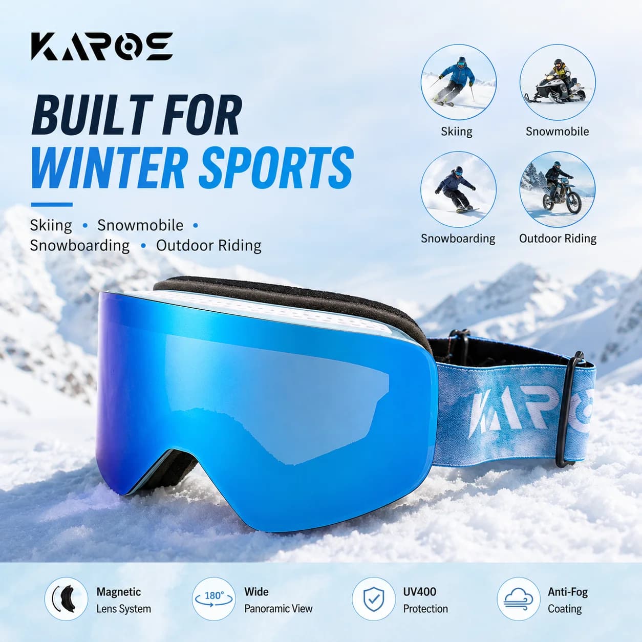 Karos Magnetic Snow Goggles Double Anti-Fog UV400 Protection Ski Glasses Winter Sports Snowboarding Snowmobile Outdoor Eyewear