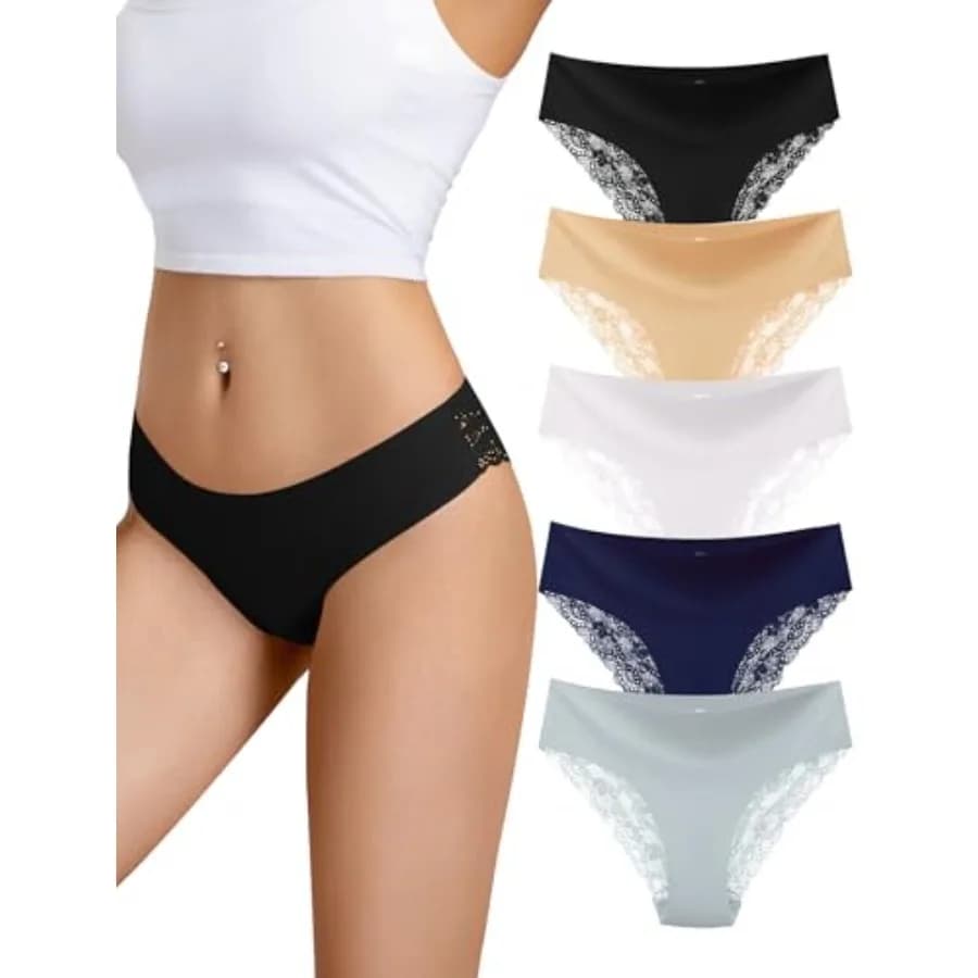 voenxe Intimo bikini in pizzo per donna, slip con finiture in pizzo, slip hipster, mutandine comode, mutandine morbide multipack, 5 pa