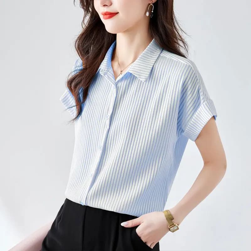 2024 elegante moda Harajuku Slim Fit abbigliamento femminile sciolto Casual tutto abbinato top bottone a righe colletto POLO manica corta Blusa