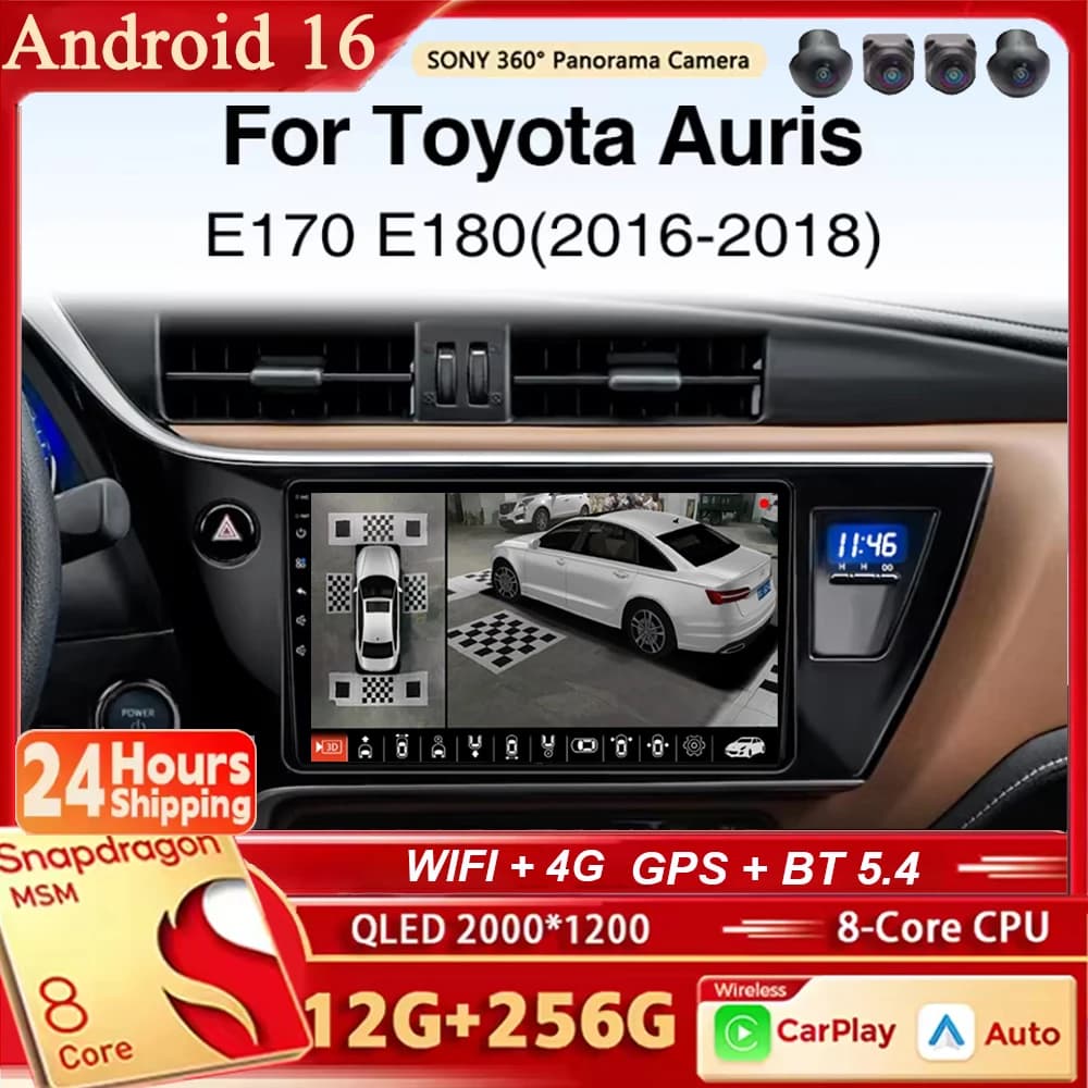 Autoradio Android 16 con Navigazione, Lettore Multimediale Stereo, Carplay e Auto per Toyota Auris 2016 2017 2018 Corolla Altis Hybrid E170