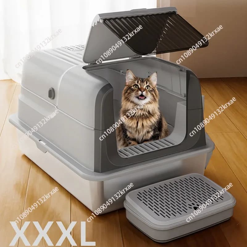 Lettiera per gatti in acciaio inossidabile, toilette per gatti semichiusa di grandi dimensioni, lettiera anti-schizzi e resistente ai graffi, accessori per animali domestici