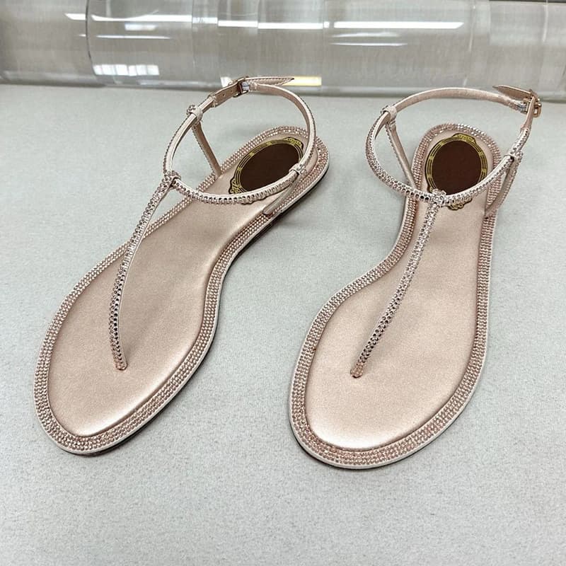 New Women's Rhinestone Bordered Flat Sandals Pinch Toe One Strap Solid Color Sandalias Summer Vacation Sandy Beach Shoes