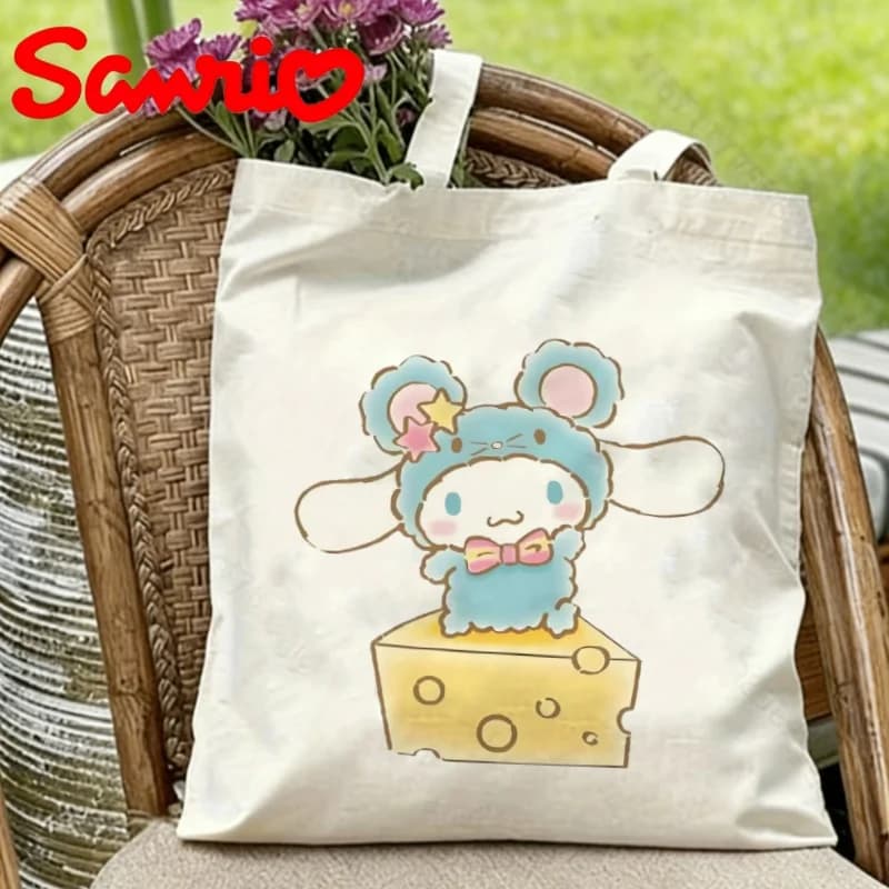 1 borsa tote in tela Sanrio Cinnamoroll con stampa a doppia faccia di topo e formaggio, borsa a tracolla riutilizzabile ed ecologica