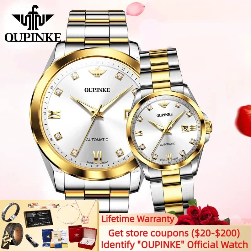 OUPINKE Orologi da coppia per uomo Donna Diamanti reali Movimento svizzero Specchio con zaffiro TOP Set di coppie di orologi automatici di lusso