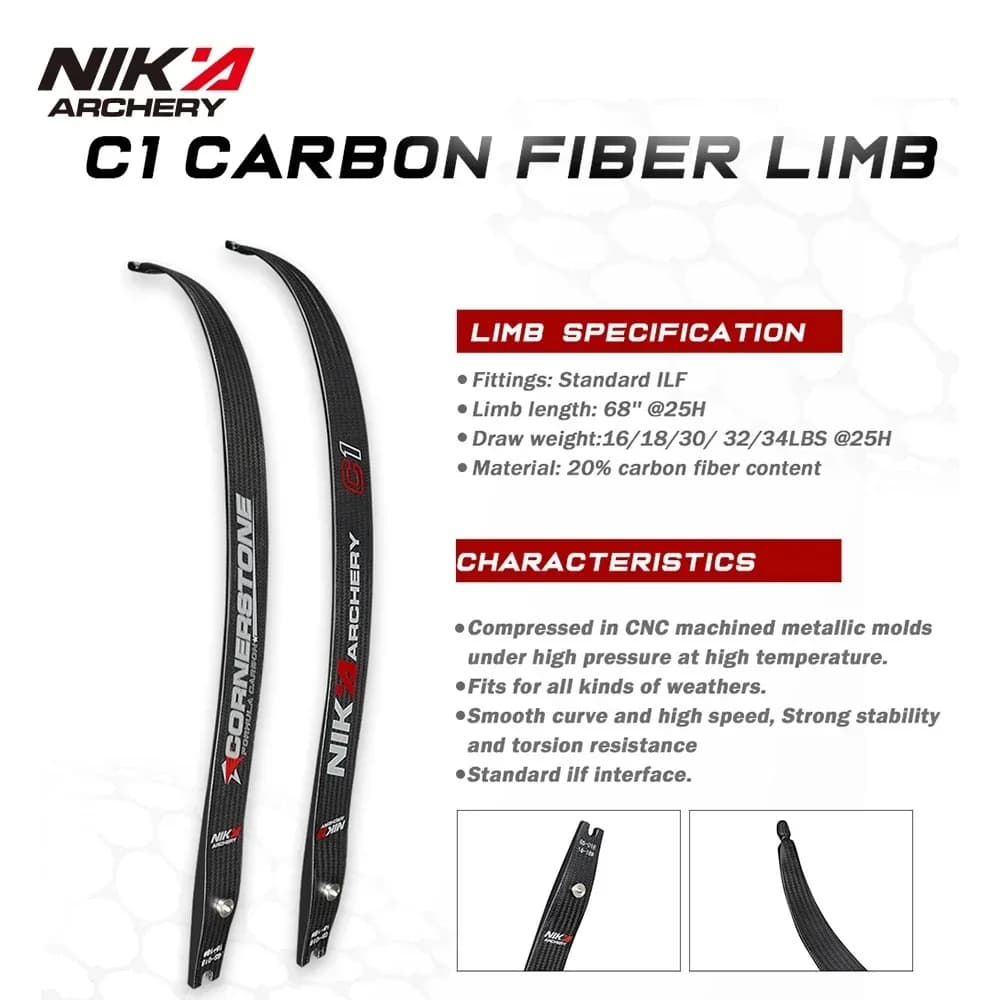 Arco Ricurvo NIKA C1, Braccio in Fibra di Carbonio 68 Pollici, 14-44 Libbre, Accessorio per Tiro con l'Arco Sportivo ILF
