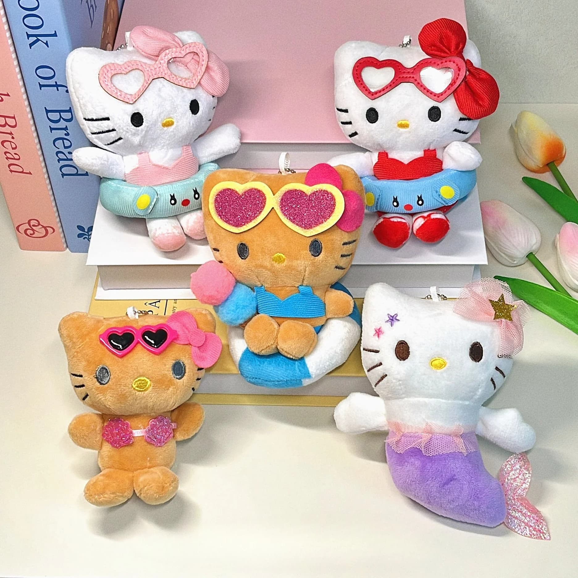 Cute Hello Kitty KT Cat Summer Ice Cream Swim Ring Plush Keychain Bag Charm Kawaii Sweet Gift for Boys Girls Fans Soft Doll Toy