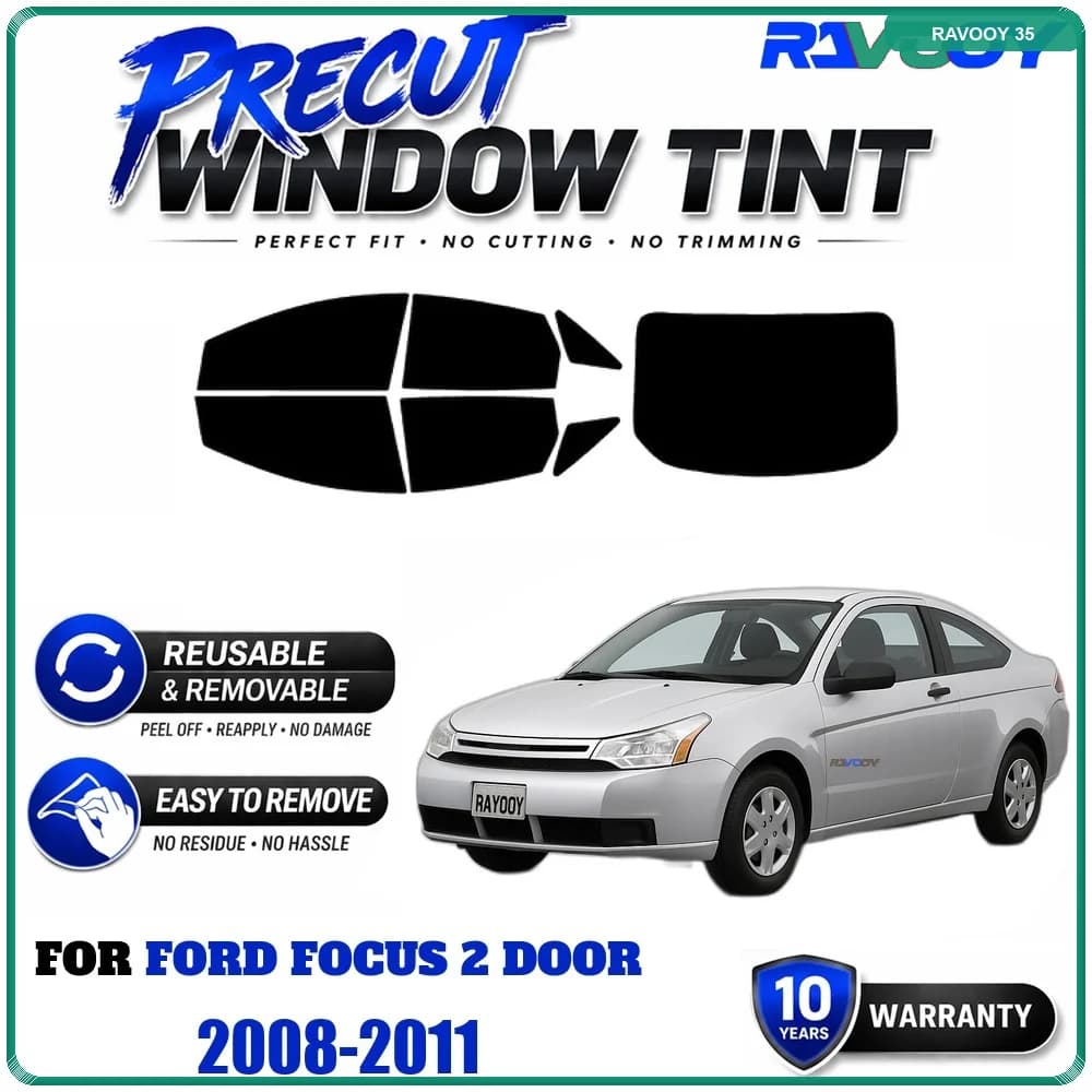 RAVOOY Precut Window Tint, Reusable Removable EPU Film, Custom Fit for Ford Focus 2 Door 2008-2011, UV Heat Protection