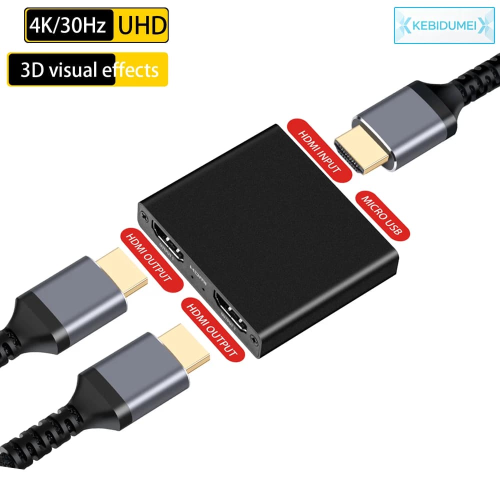 Splitter HDMI 4K 30Hz Double Door Splitter Compatible HDMI Audio Adapter 1 Input 2 Outputs for LCD TV Box PC PS4 Distributor