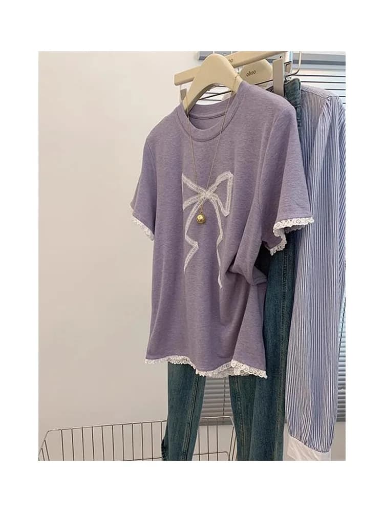 Purple Elegantly Soft Lace Trim Knot round Neck Short Sleeve Women's Loose Slimming T-Shirt Commute Style Summer Top
