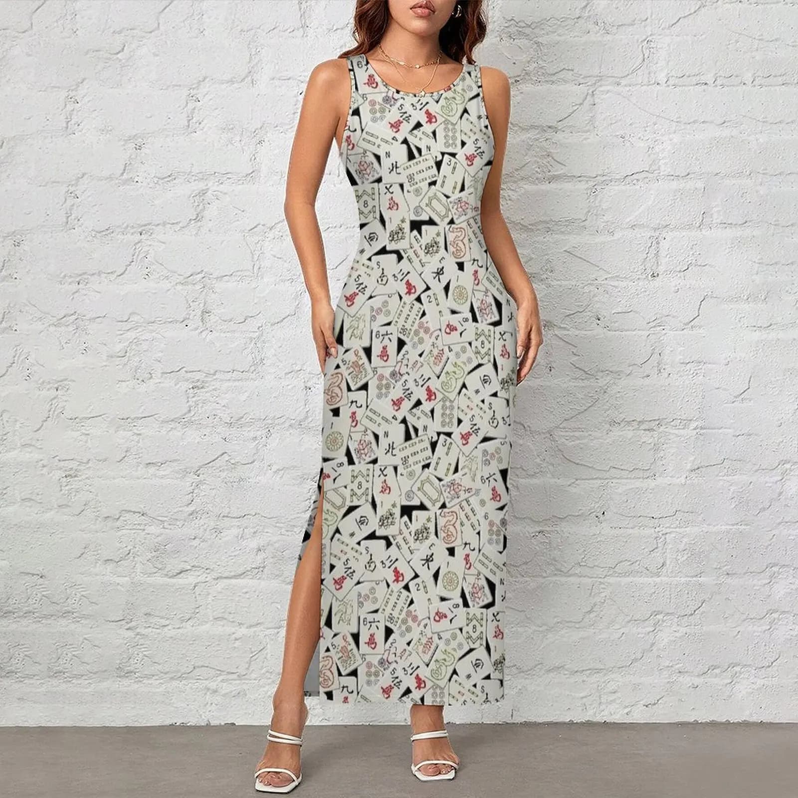 Female Dense Mahjong Tiles Print Dress Fashion Bodycon Dress Summer Sleeveless Casual Maxi Dresses Design Oversized Clothes