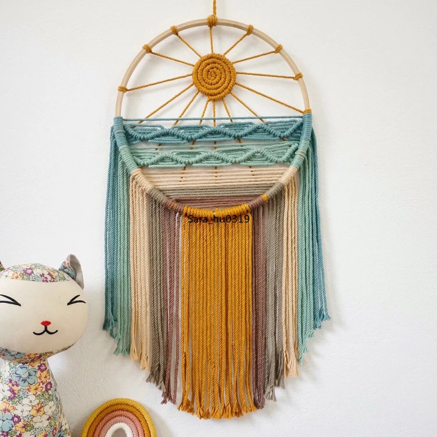 Sun Beach Macrame Wall Hanging Handmade Woven Tapestry Boho Landscape Wall Art Decor for Kids Room Nursery Bedroom