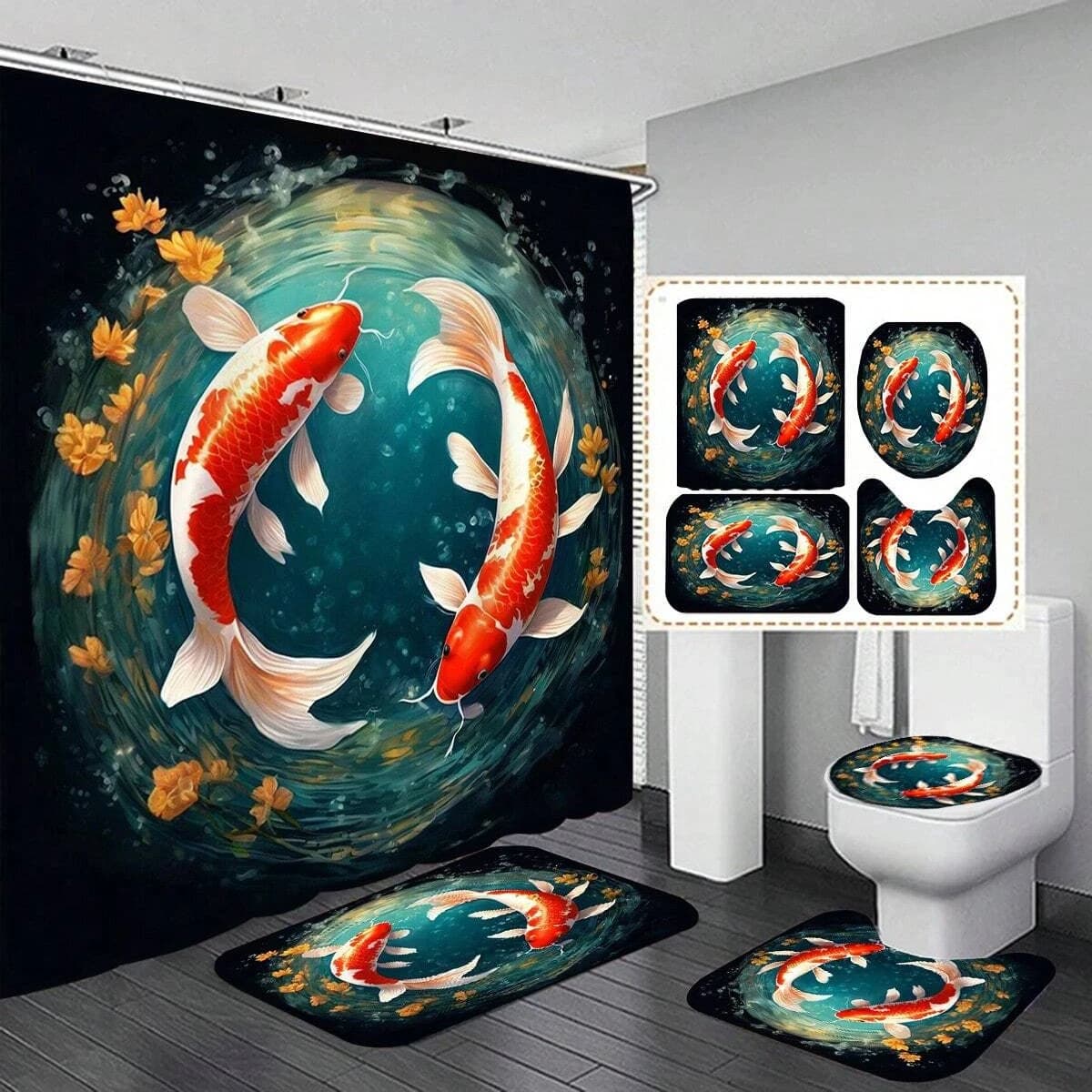 Tenda da doccia modello pesce koi 4 pezzi, tenda da camera con ganci, tappetino da bagno antiscivolo, set da bagno, regalo per le vacanze