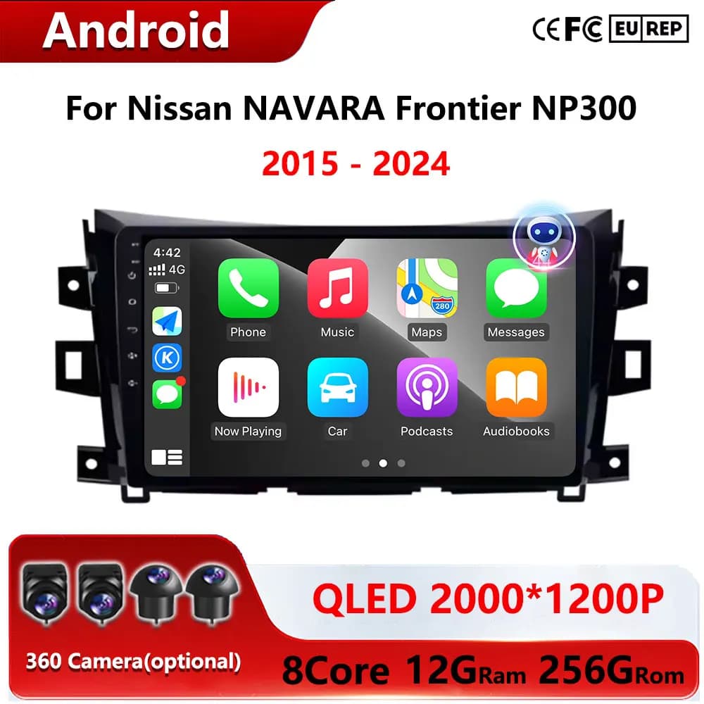Autoradio Android Auto da 10 pollici per Nissan NAVARA Frontier NP300 2015-2024, lettore multimediale video, Bluetooth, navigatore GPS, schermo QLED