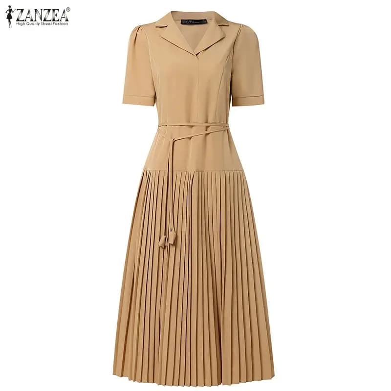 ZANZEA Abito Elegante Plissettato 2026 Estivo da Donna con Colletto a Risvolto e Maniche Corte, Vestito Elegante a Trapezio per L'Ufficio, Abito da Lavoro OL, Vestito Estivo da Donna