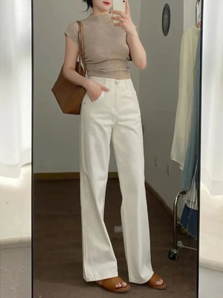 Jeans Bianchi a Gamba Larga da Donna, Estivi, Sottili, Morbidi, a Vita Alta, Modellanti, Lunghi fino al Pavimento, Taglio Dritto