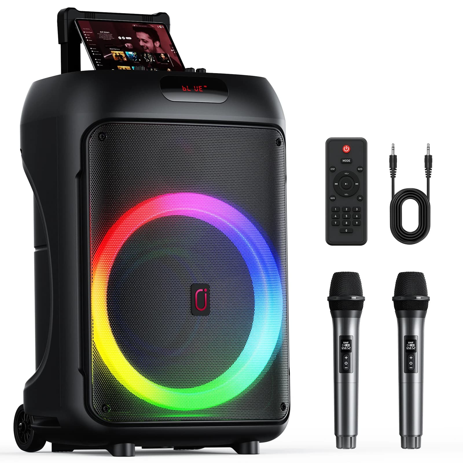Macchina per karaoke T36 con 2 microfoni wireless, grande altoparlante per feste Bluetooth con potenza di picco per adulti, ruote e carrello