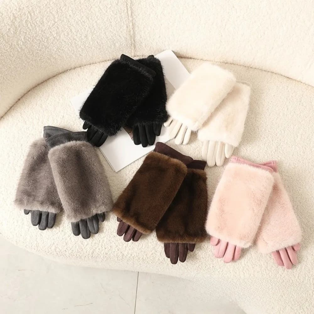 Comodi guanti in pelle scamosciata tinta unita Guanti invernali da donna ispessiti in pelliccia sintetica di coniglio tenere al caldo guanti termici con dita intere Sport
